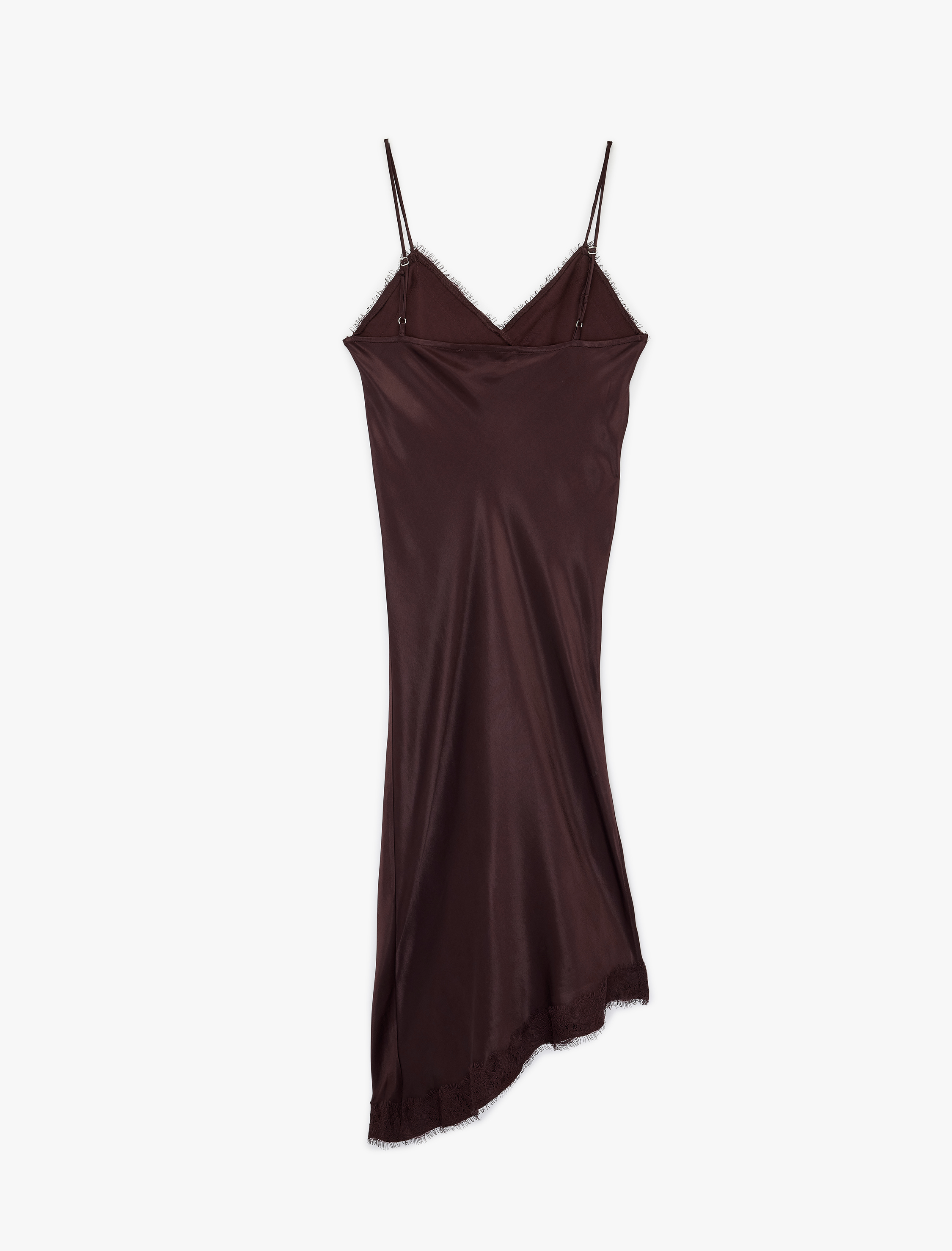 İp Askılı Asimetrik Dantel Detaylı Saten Elbise - Görsel 5