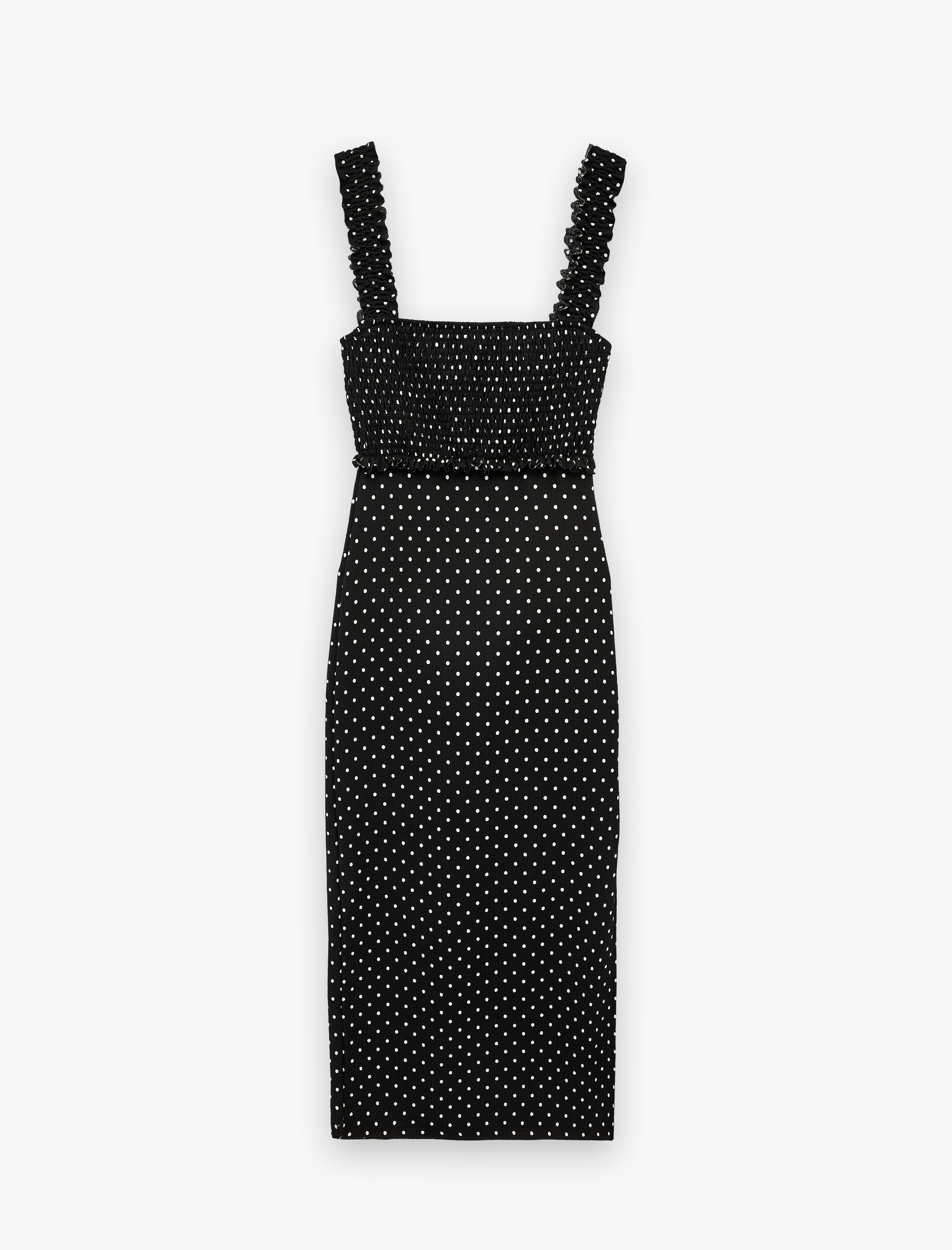   Kare Yaka Slim Fit Kalın Askılı Gipeli Midi Puantiyeli Elbise