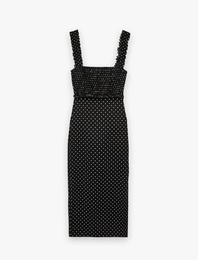 Kare Yaka Slim Fit Kalın Askılı Gipeli Midi Puantiyeli Elbise