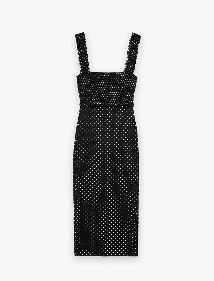  Kare Yaka Slim Fit Kalın Askılı Gipeli Midi Puantiyeli Elbise