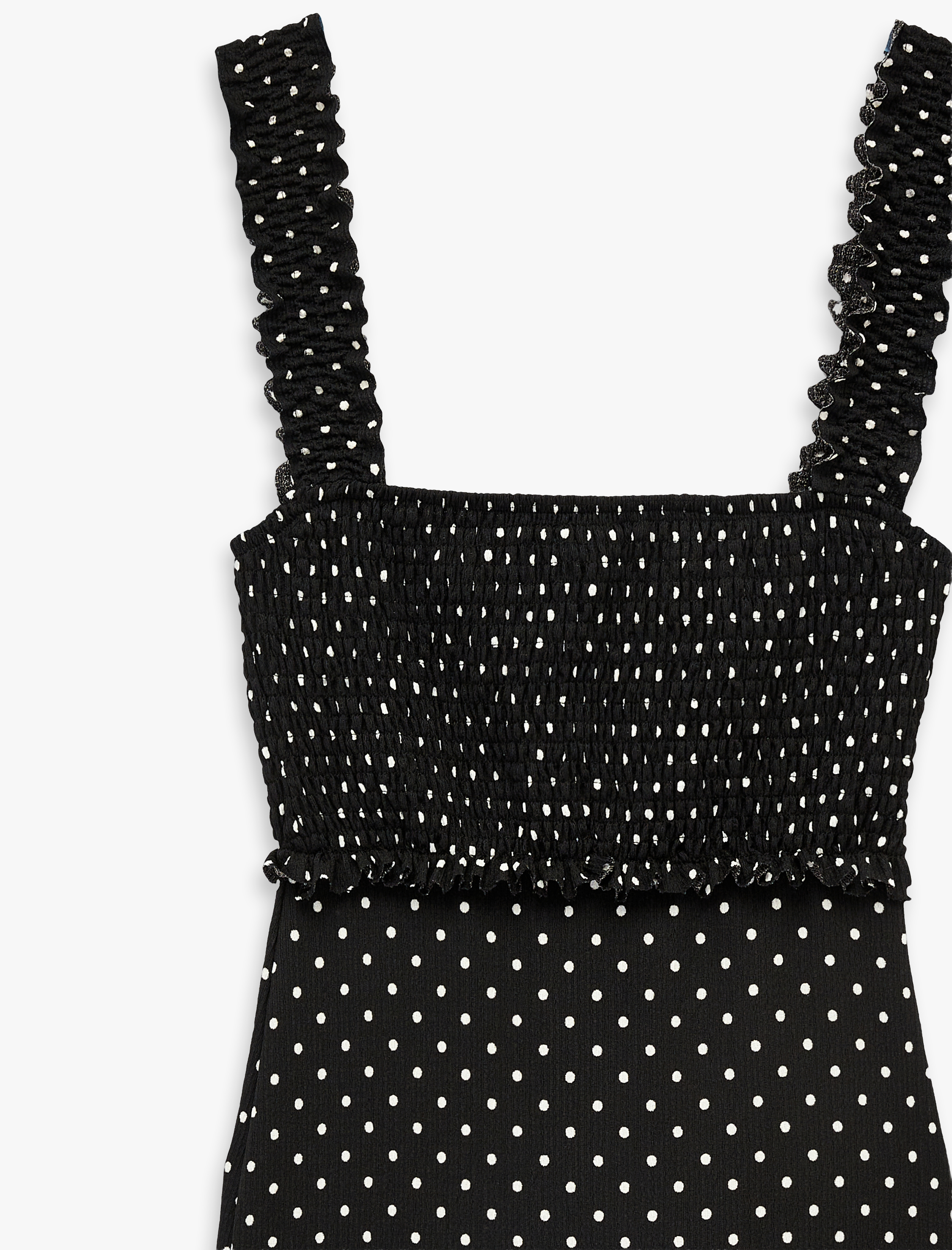   Kare Yaka Slim Fit Kalın Askılı Gipeli Midi Puantiyeli Elbise