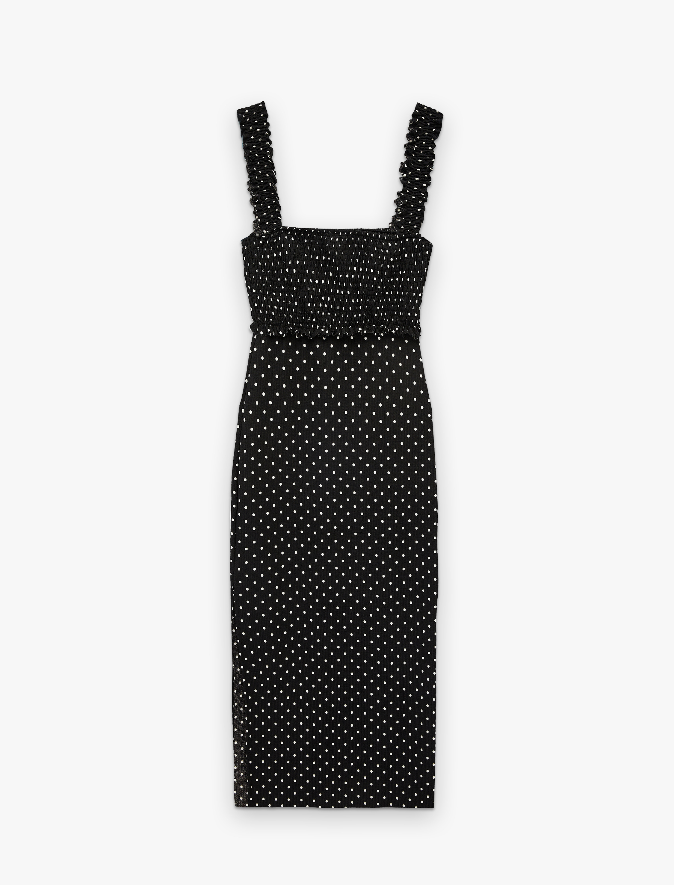   Kare Yaka Slim Fit Kalın Askılı Gipeli Midi Puantiyeli Elbise