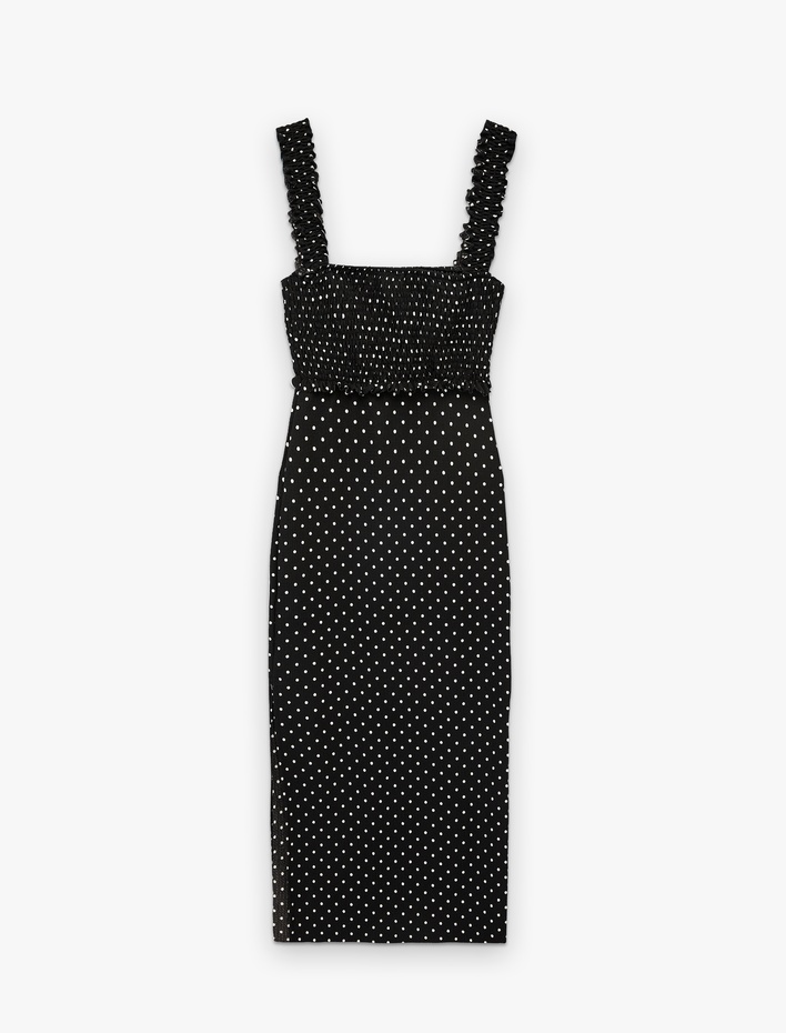  Kare Yaka Slim Fit Kalın Askılı Gipeli Midi Puantiyeli Elbise