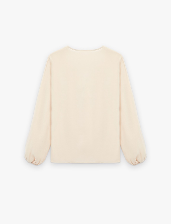  İpli Volan Detaylı Uzun Kollu V Yaka Bluz