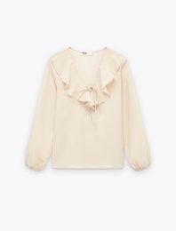 İpli Volan Detaylı Uzun Kollu V Yaka Bluz