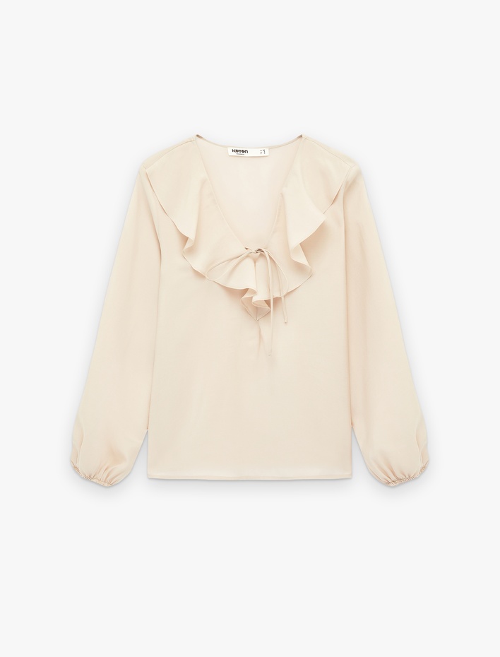  İpli Volan Detaylı Uzun Kollu V Yaka Bluz