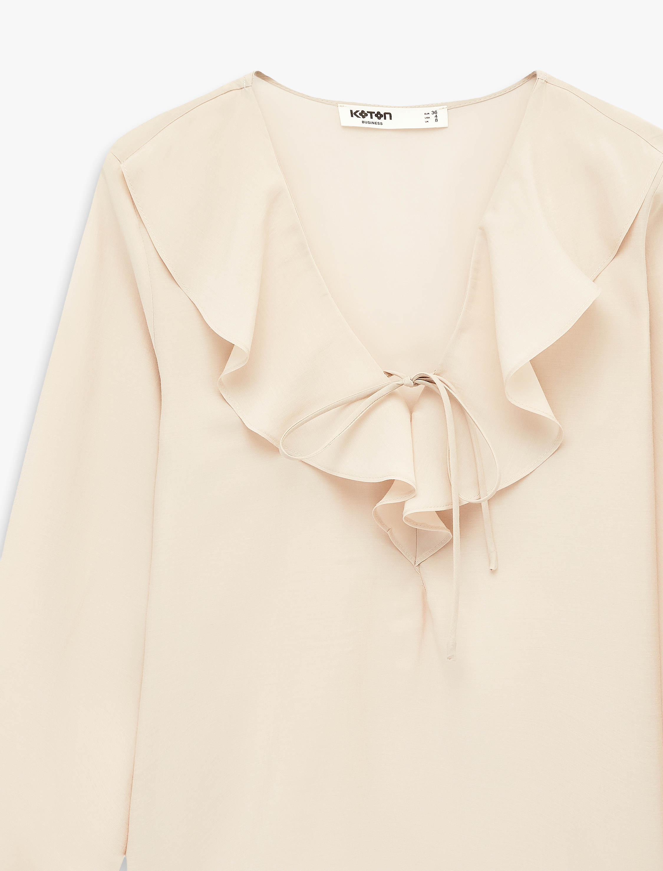   İpli Volan Detaylı Uzun Kollu V Yaka Bluz