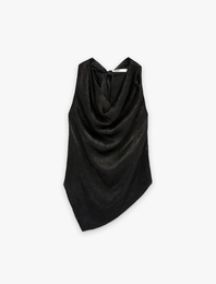 Asimetrik Kesim Kolsuz Sırtı Bağcıklı Saten Degaje Yaka Bluz