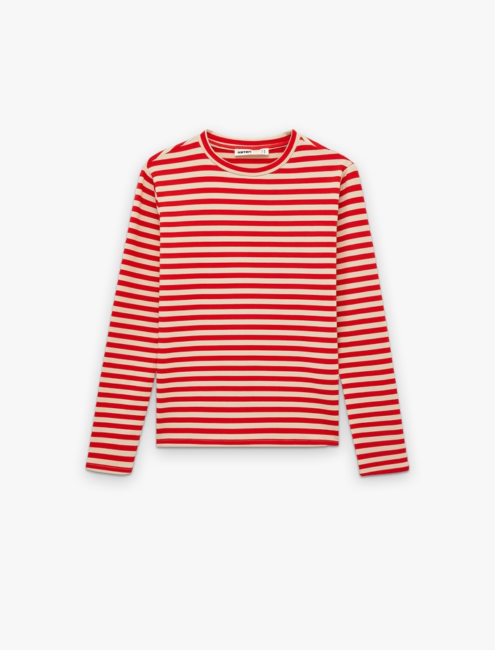  Modal Kumaş Uzun Kollu Bisiklet Yaka Çizgili Tişört