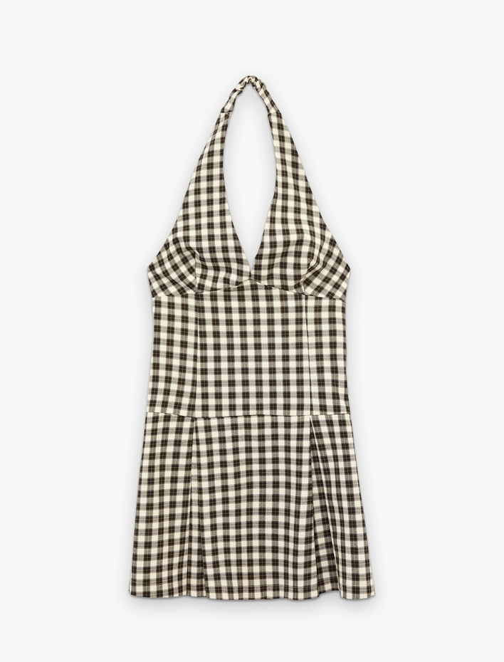  Kolsuz Pileli Mini Ekoseli Halter Yaka Elbise