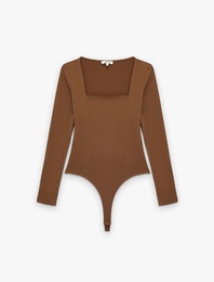 Pamuklu Slim Fit Uzun Kollu Kare Yaka Bodysuit