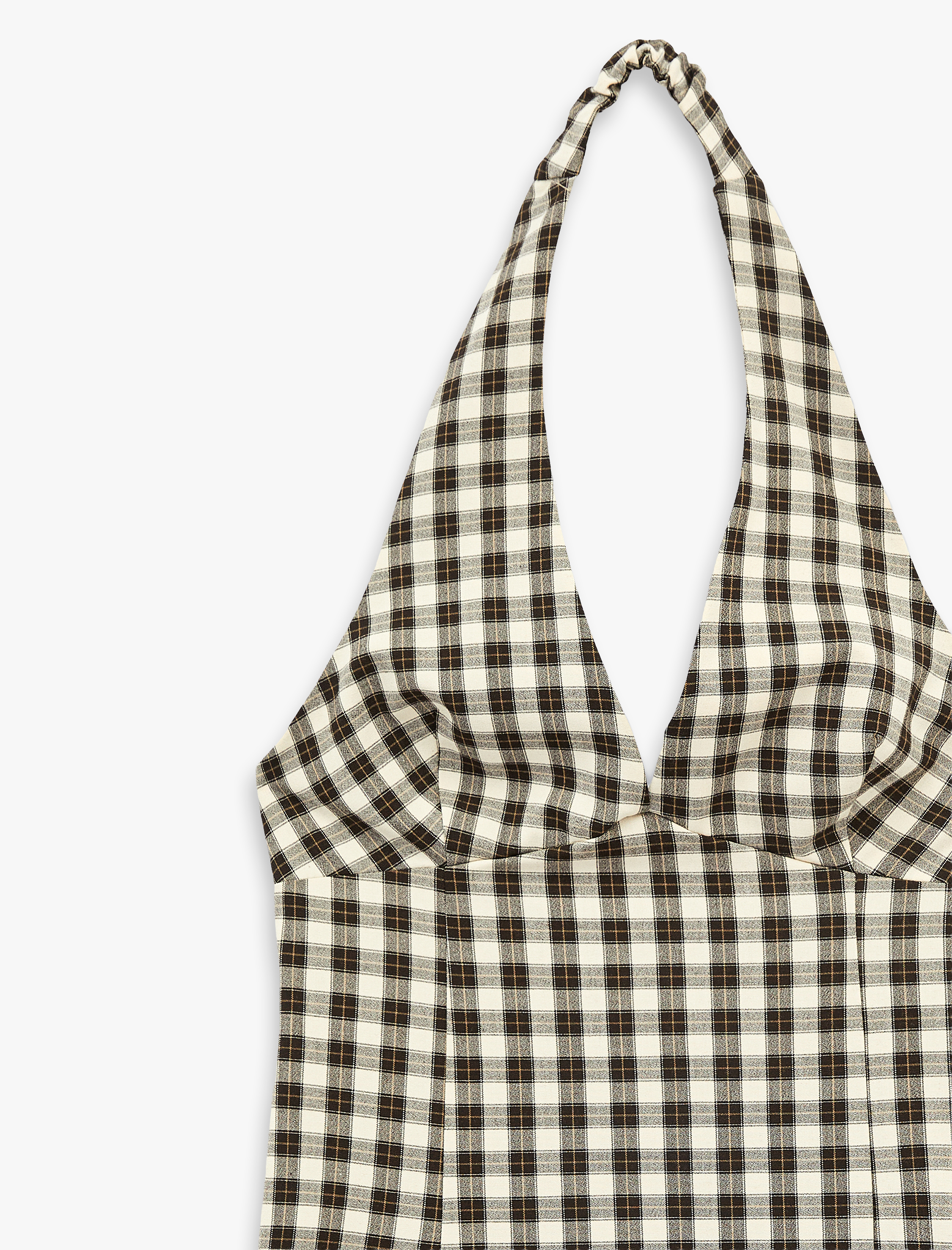   Kolsuz Pileli Mini Ekoseli Halter Yaka Elbise