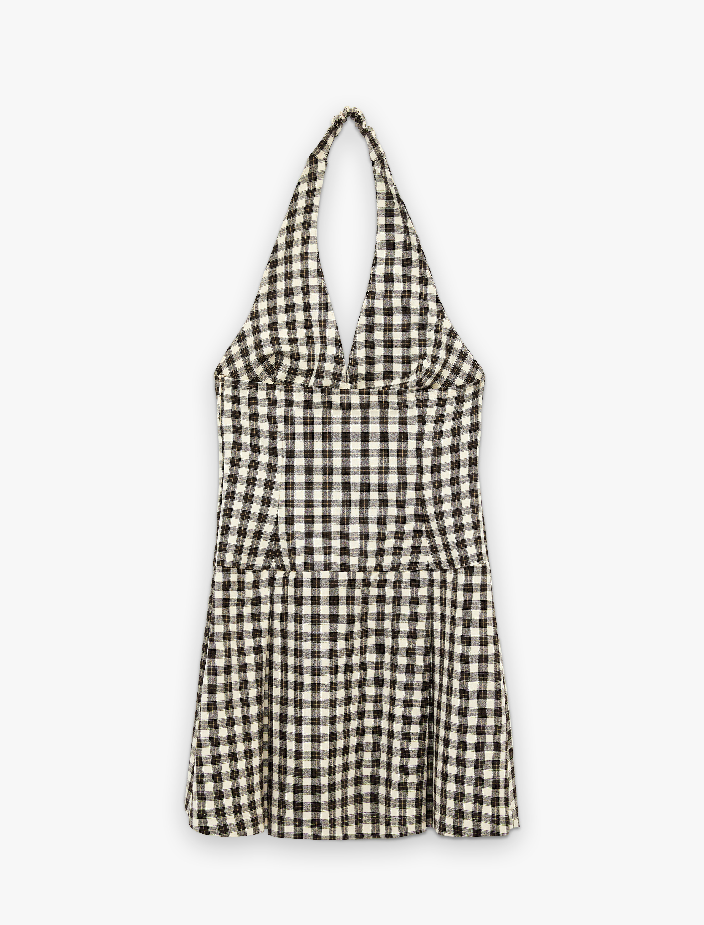   Kolsuz Pileli Mini Ekoseli Halter Yaka Elbise