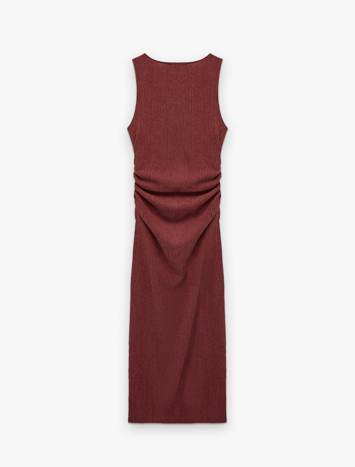  Bürümcük Kumaş Drape Detaylı Bisiklet Yaka Uzun Kalem Elbise