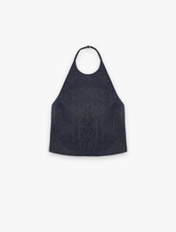 Kolsuz Pamuklu Denim Halter Yaka Bluz