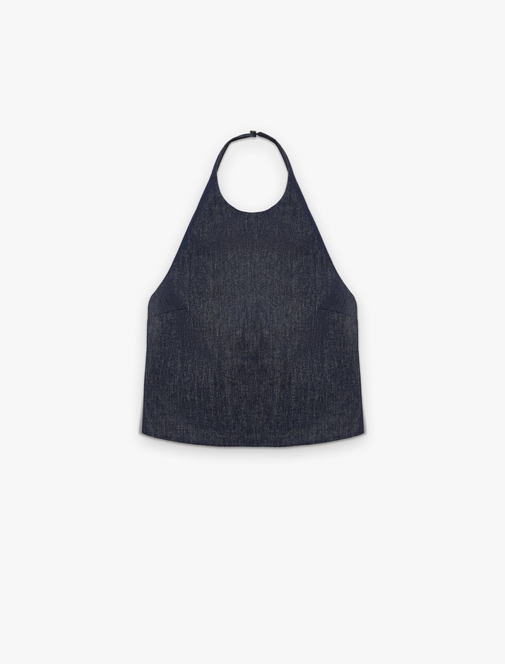  Kolsuz Pamuklu Denim Halter Yaka Bluz