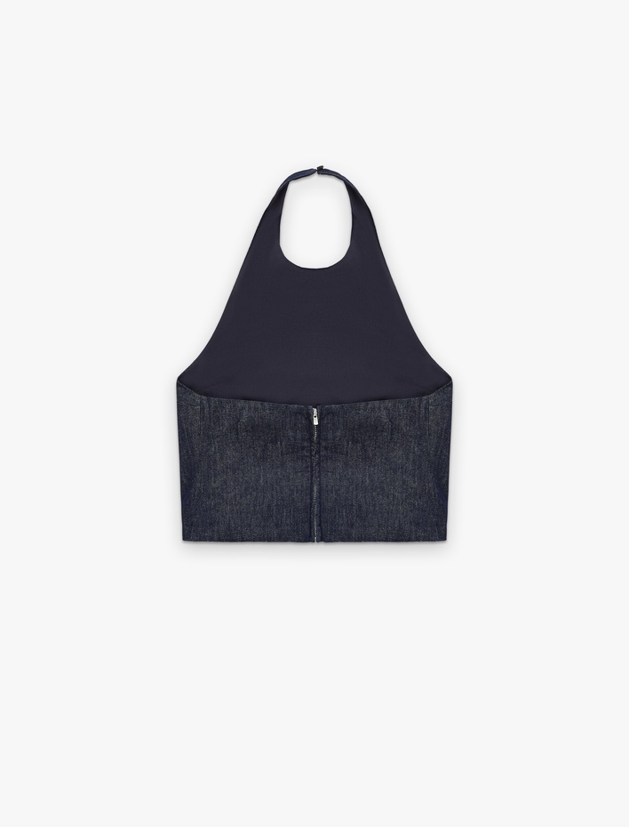  Kolsuz Pamuklu Denim Halter Yaka Bluz