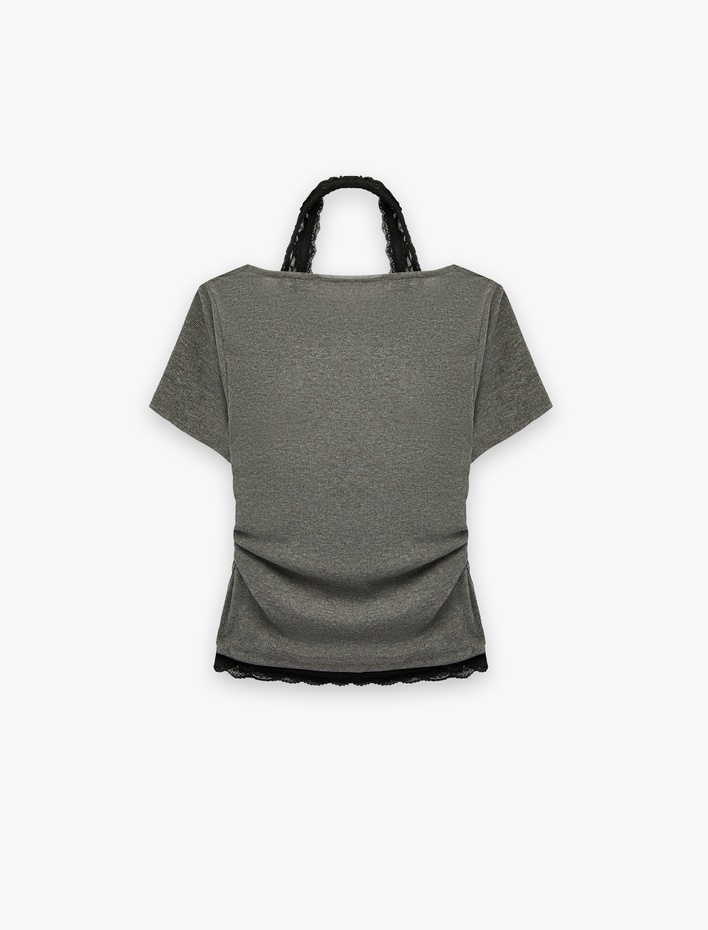  Slim Fit Kısa Kollu Dantel Detaylı Atletli İkili Kayık Yaka Tişört