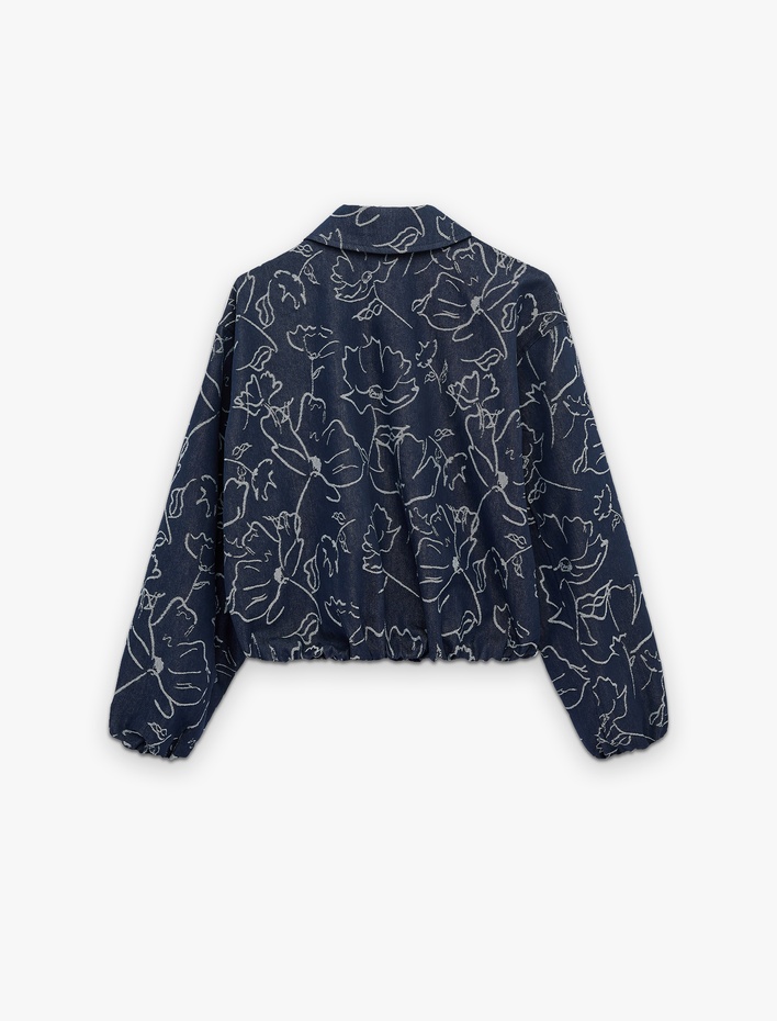  Uzun Kollu Fermuarlı Cepli Çiçek Desenli Bomber Ceket