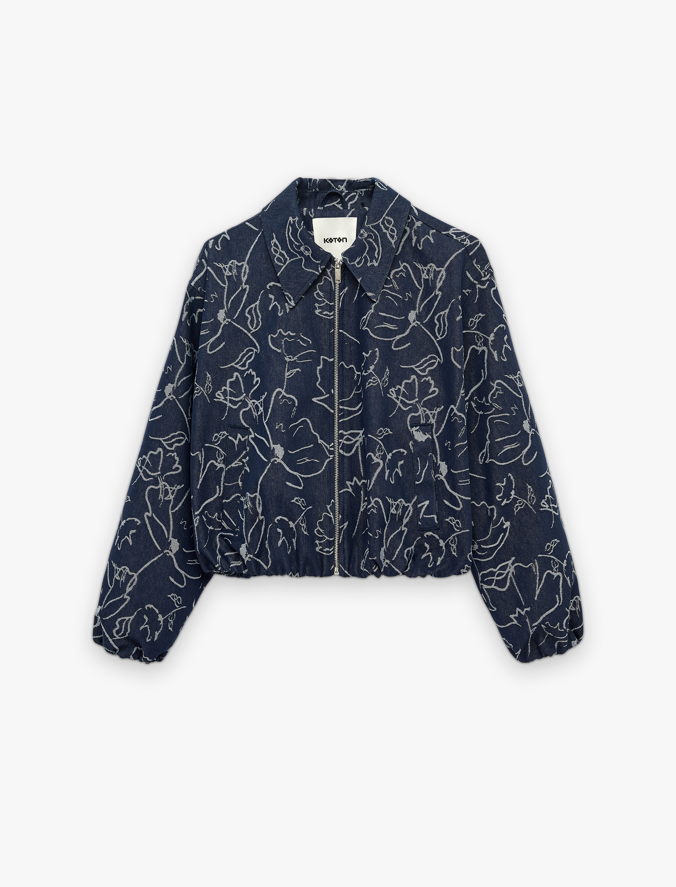   Uzun Kollu Fermuarlı Cepli Çiçek Desenli Bomber Ceket