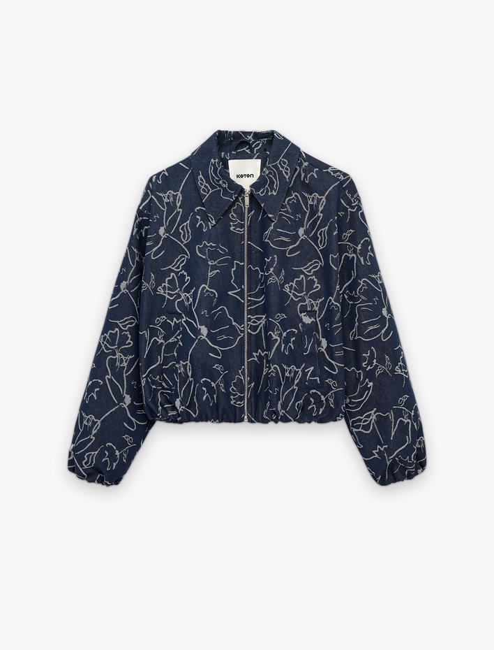  Uzun Kollu Fermuarlı Cepli Çiçek Desenli Bomber Ceket