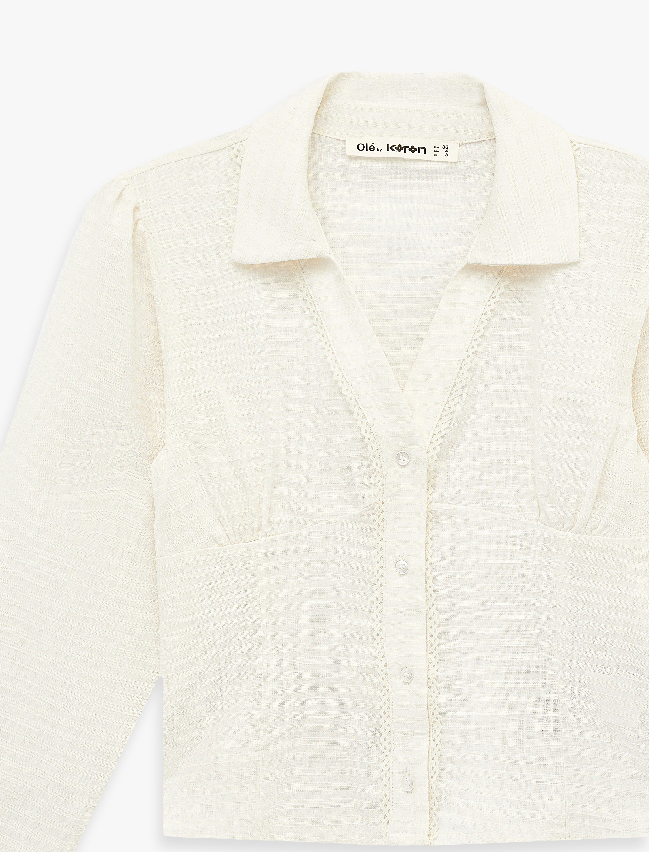   Pamuklu Slim Fit Düğmeli Dantel Detaylı Uzun Kollu Gömlek