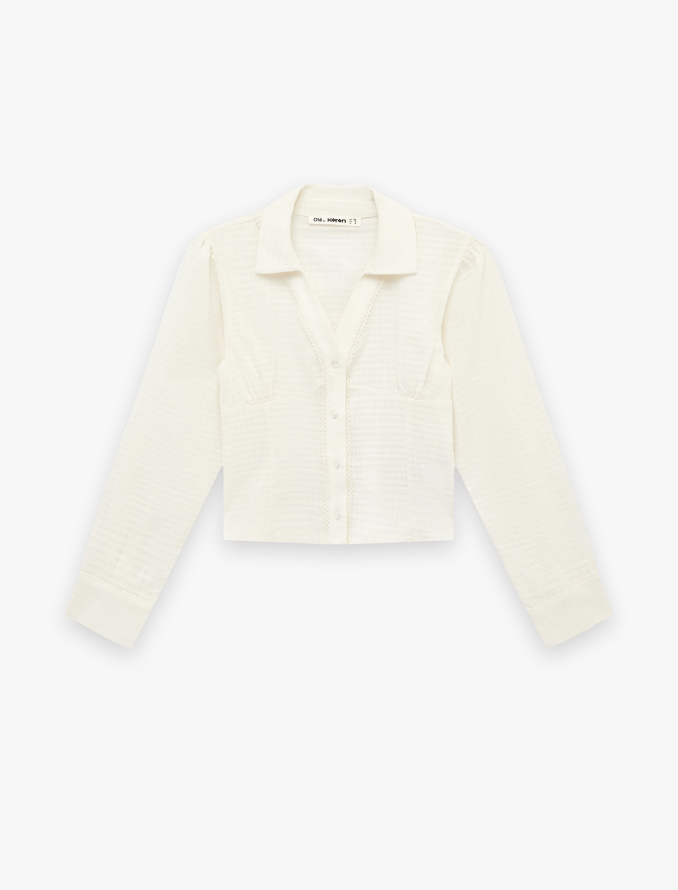   Pamuklu Slim Fit Düğmeli Dantel Detaylı Uzun Kollu Gömlek