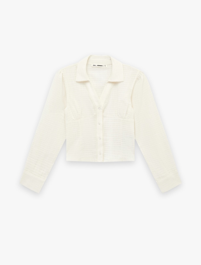  Pamuklu Slim Fit Düğmeli Dantel Detaylı Uzun Kollu Gömlek