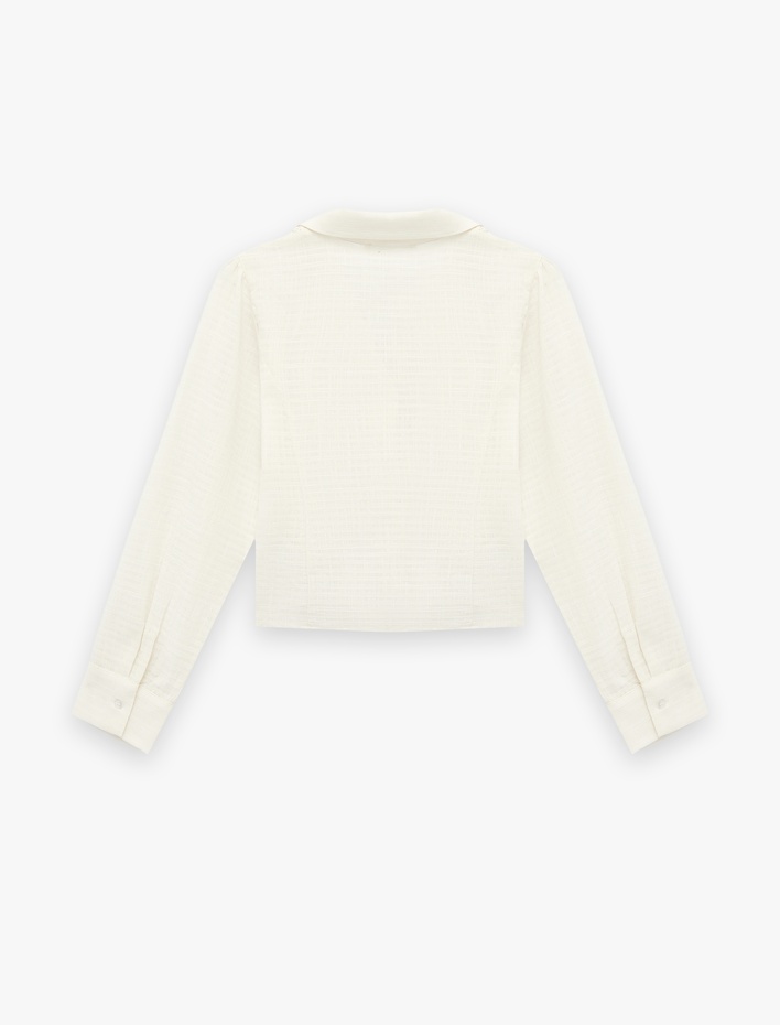  Pamuklu Slim Fit Düğmeli Dantel Detaylı Uzun Kollu Gömlek