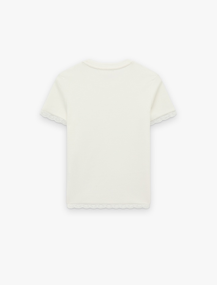  Dantel Detaylı Kısa Kollu Bisiklet Yaka Modal Karışımlı Slim Fit Tişört