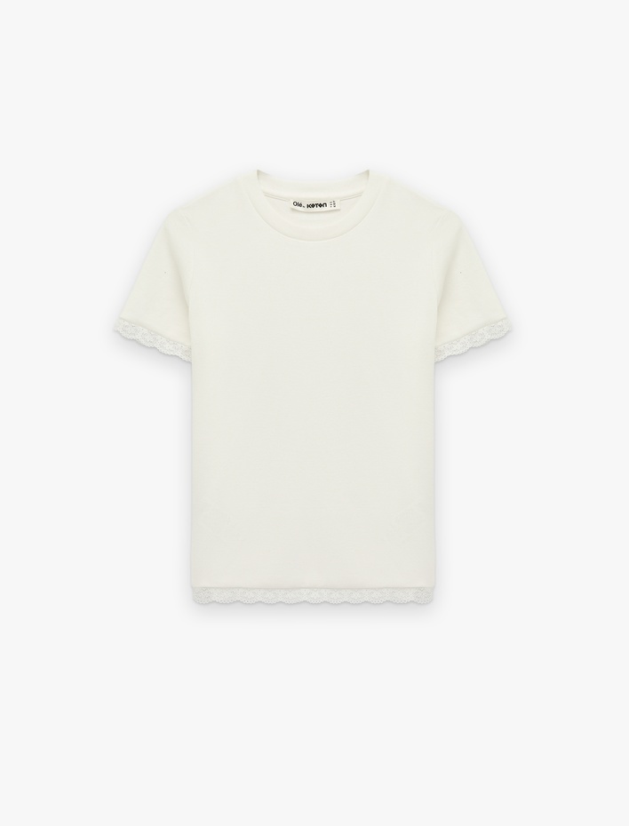  Dantel Detaylı Kısa Kollu Bisiklet Yaka Modal Karışımlı Slim Fit Tişört