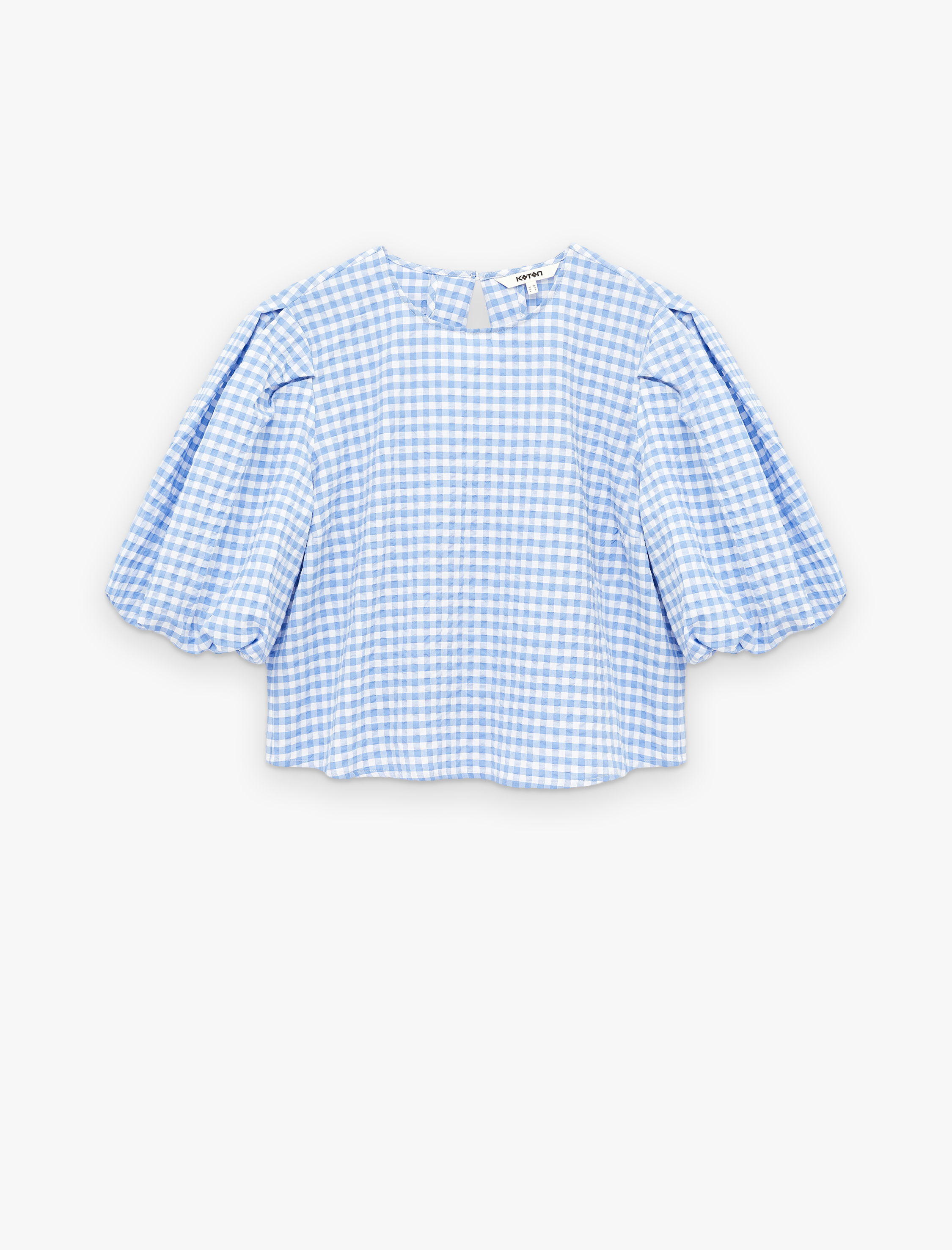   Bol Kalıp Bisiklet Yaka Kısa Balon Kollu Pötikareli Bluz