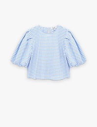 Bol Kalıp Bisiklet Yaka Kısa Balon Kollu Pötikareli Bluz