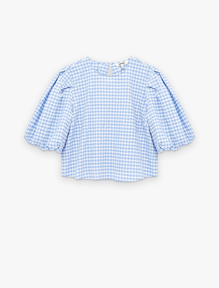  Bol Kalıp Kısa Balon Kollu Pötikareli Bluz