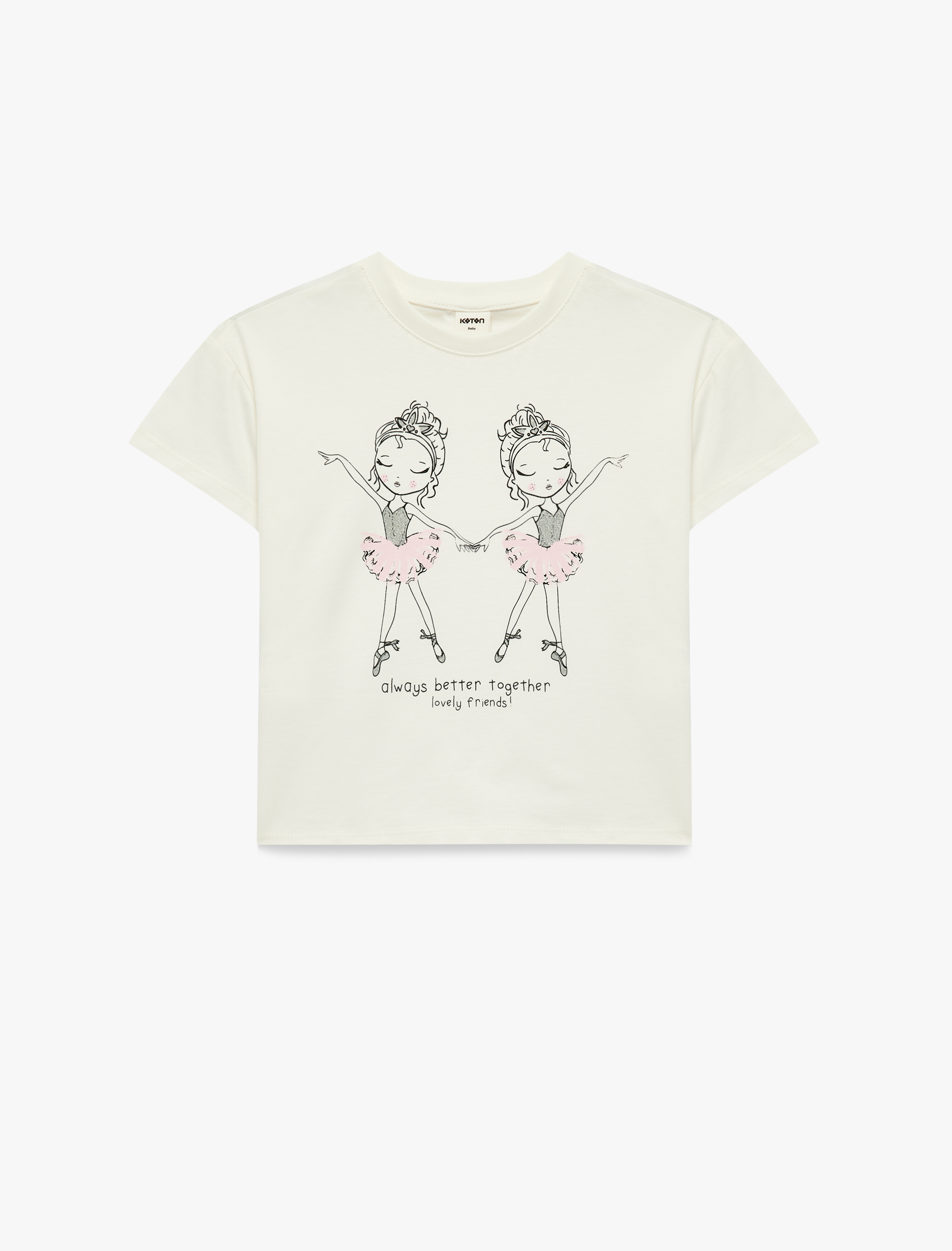  Kız Bebek Balerin Baskılı Kısa Kollu Bisiklet Yaka Pamuklu Tişört