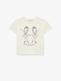 Balerin Baskılı Kısa Kollu Bisiklet Yaka Pamuklu Tişört