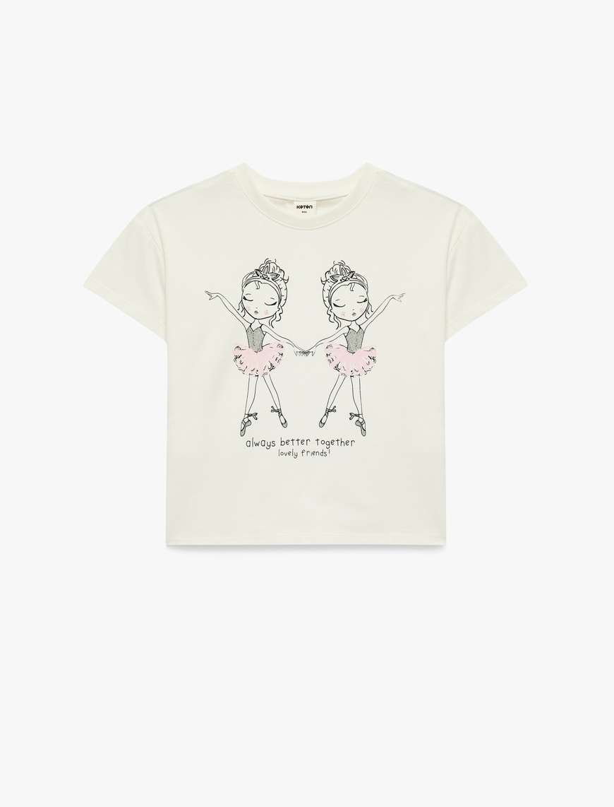 Koton Kız Bebek Balerin Baskılı Kısa Kollu Bisiklet Yaka Pamuklu T-Shirt