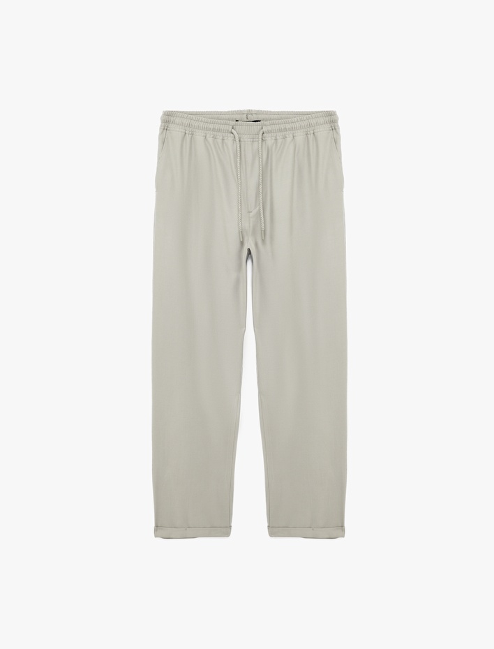  Viskon Cep Detaylı Duble Paça Beli Bağcıklı Pantolon