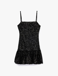 Kare Yaka Kolsuz Mini Pullu Payetli Abiye Elbise