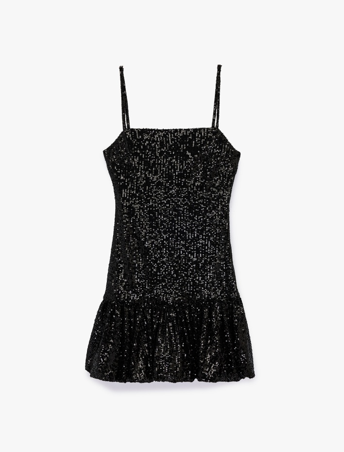  Kare Yaka Kolsuz Mini Pullu Payetli Abiye Elbise