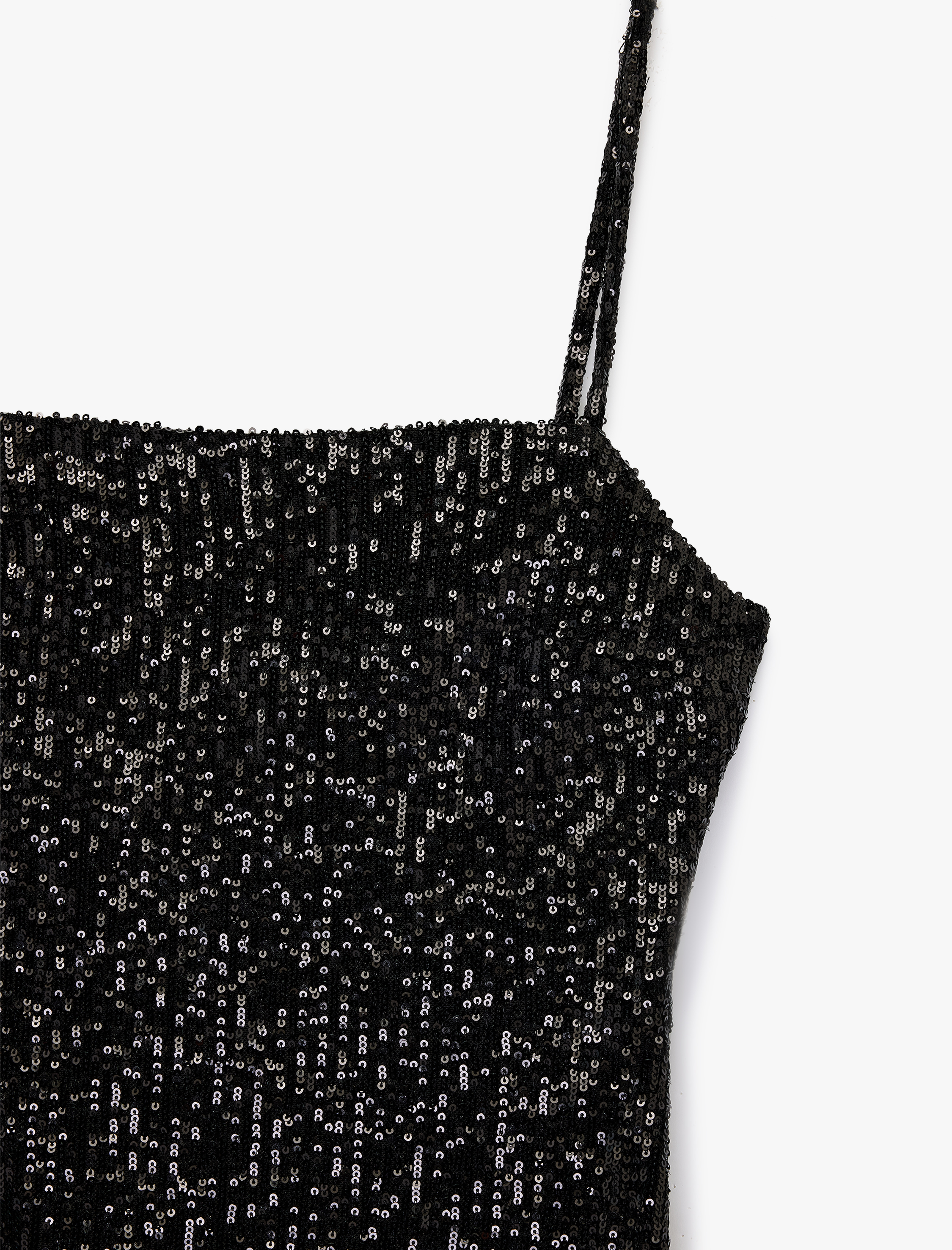   Kare Yaka Kolsuz Mini Pullu Payetli Abiye Elbise