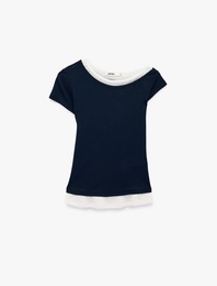 Slim Fit Kontrast Detaylı Kısa Kollu Kayık Yaka Tişört