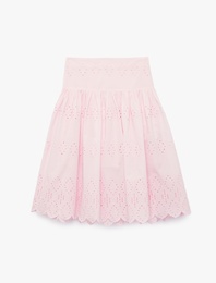 Beli Lastikli Brodeli Pamuklu Bol Kesim Midi Etek