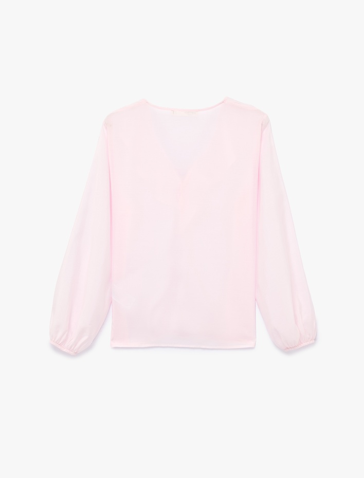  İpli Volan Detaylı Uzun Kollu V Yaka Bluz