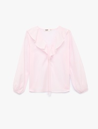 İpli Volan Detaylı Uzun Kollu V Yaka Bluz