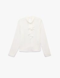 Fırfırlı Yaka Arkası Düğmeli Uzun Kollu Bluz