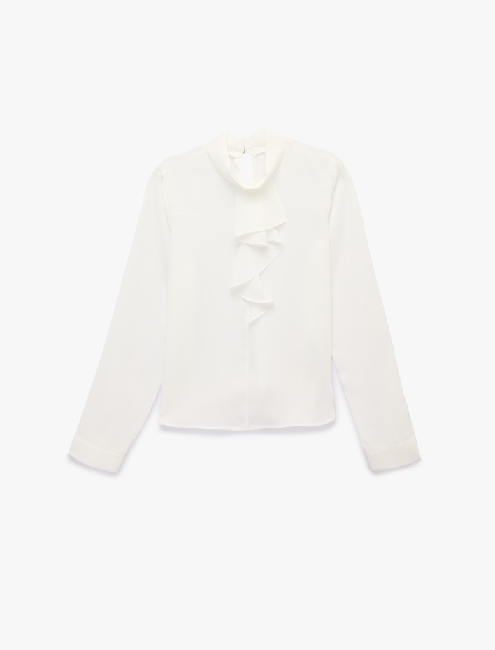  Fırfırlı Yaka Arkası Düğmeli Uzun Kollu Bluz