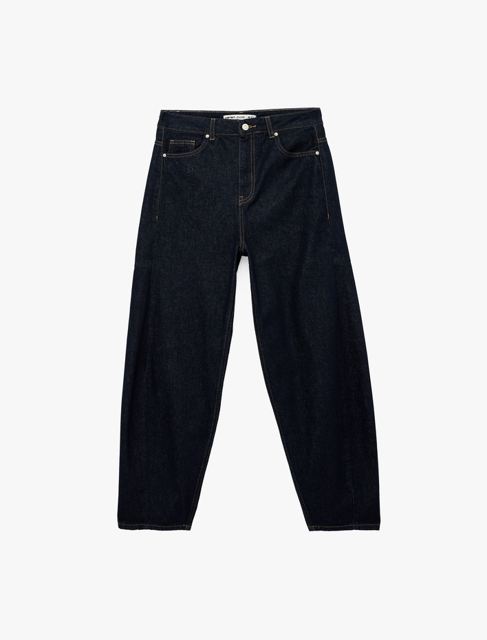  Pamuklu Normal Paça Cepli Düğmeli Balon Denim Pantolon - Balloon Fit Jean