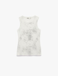 Simli Soyut Baskılı Bisiklet Yaka Slim Fit Kolsuz Bluz