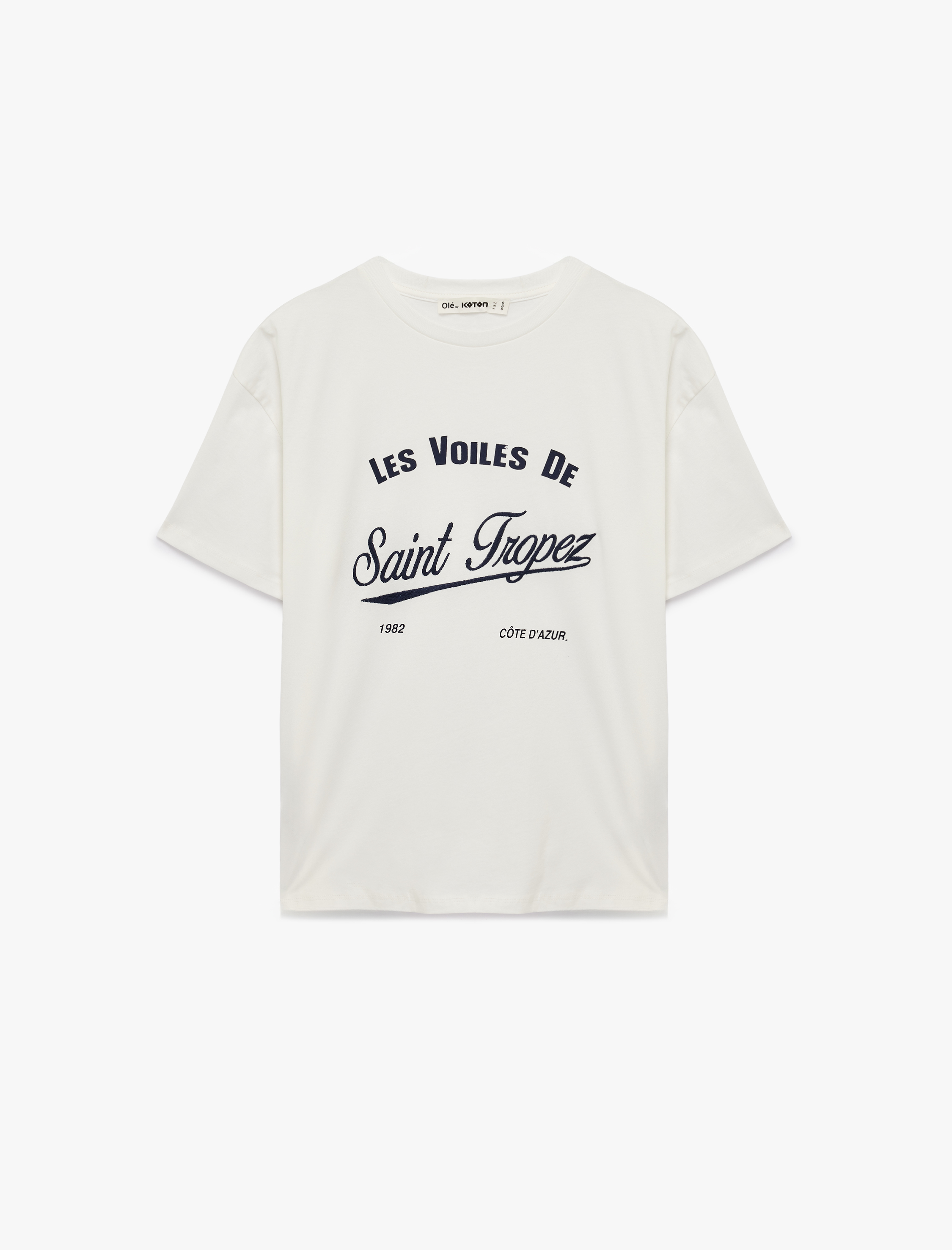   Rahat Kalıp Kısa Kollu Nakışlı Pamuklu Bisiklet Yaka Tişört